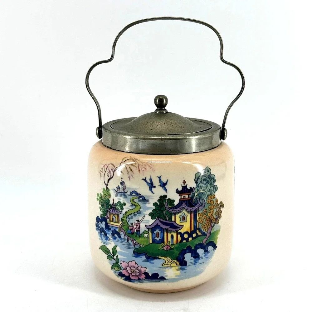 Vintage English Flosmaron Chinoiserie Ceramic Biscuit Barrel Pagoda Jar Lidded